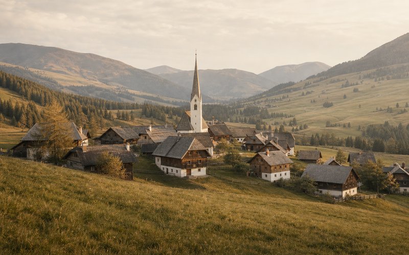 Patergassen mit Pfarrkirche und Talhängen im Hintergrund