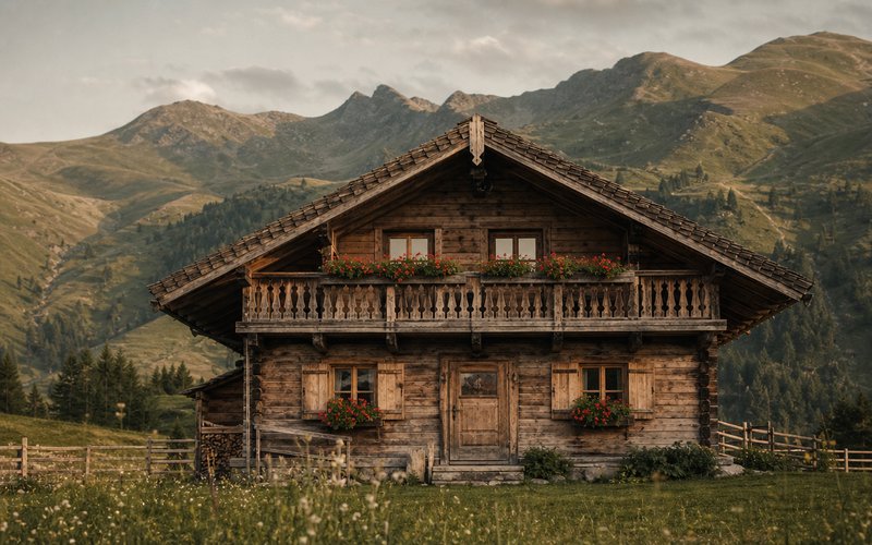 Traditioneller Kärntner Holzchalet vor Bergpanorama