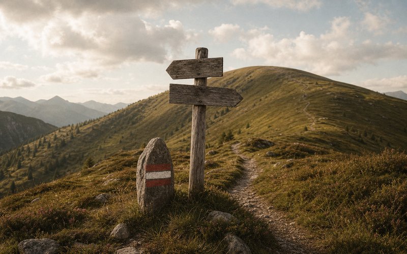 Wegweiser und Wandermarkierung auf einer Almwiese in den Nockbergen